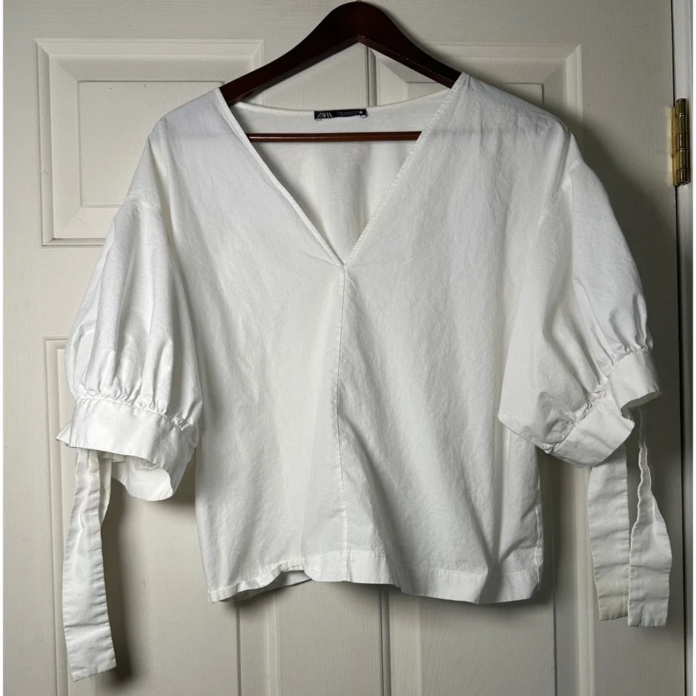 Zara Women's White M Poplin Top Balloon Sleeve‎ Tie Cuff Blouse
